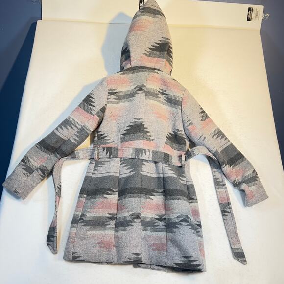 Coffee Shop Kids Mid Length Coat Girl XL Belted DEEEP Hood Poly Wool Blend Aztec - Picture 4 of 13